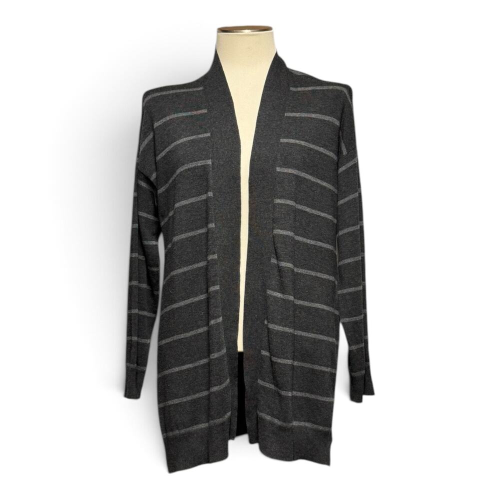 Eileen Fisher Open Front Cardigan Sweater Stretch Gray Stripe Medium